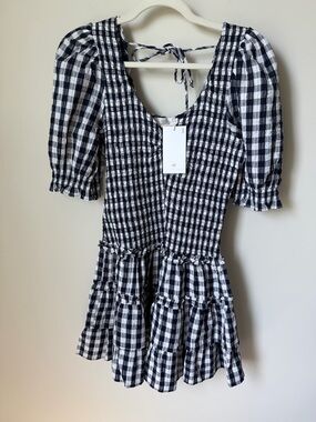 Caroline Constas Navy & White Gingham Smocked Mini Dress